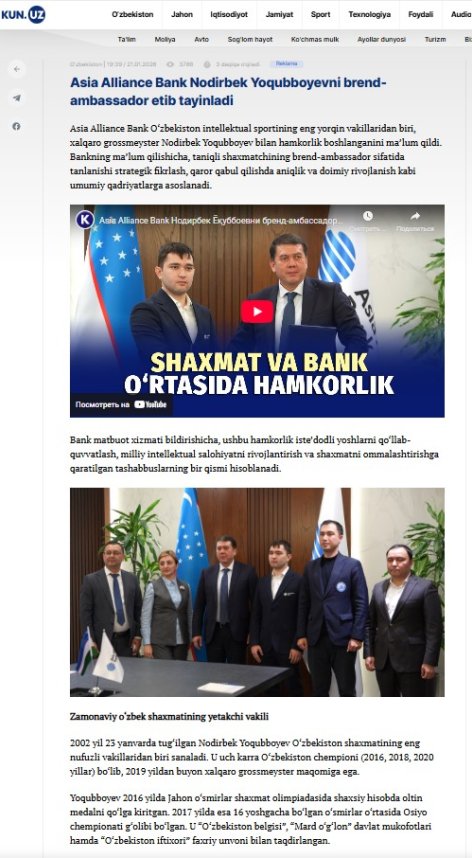 Asia Alliance Bank Nodirbek Yoqubboyevni brend-ambassador etib tayinladi